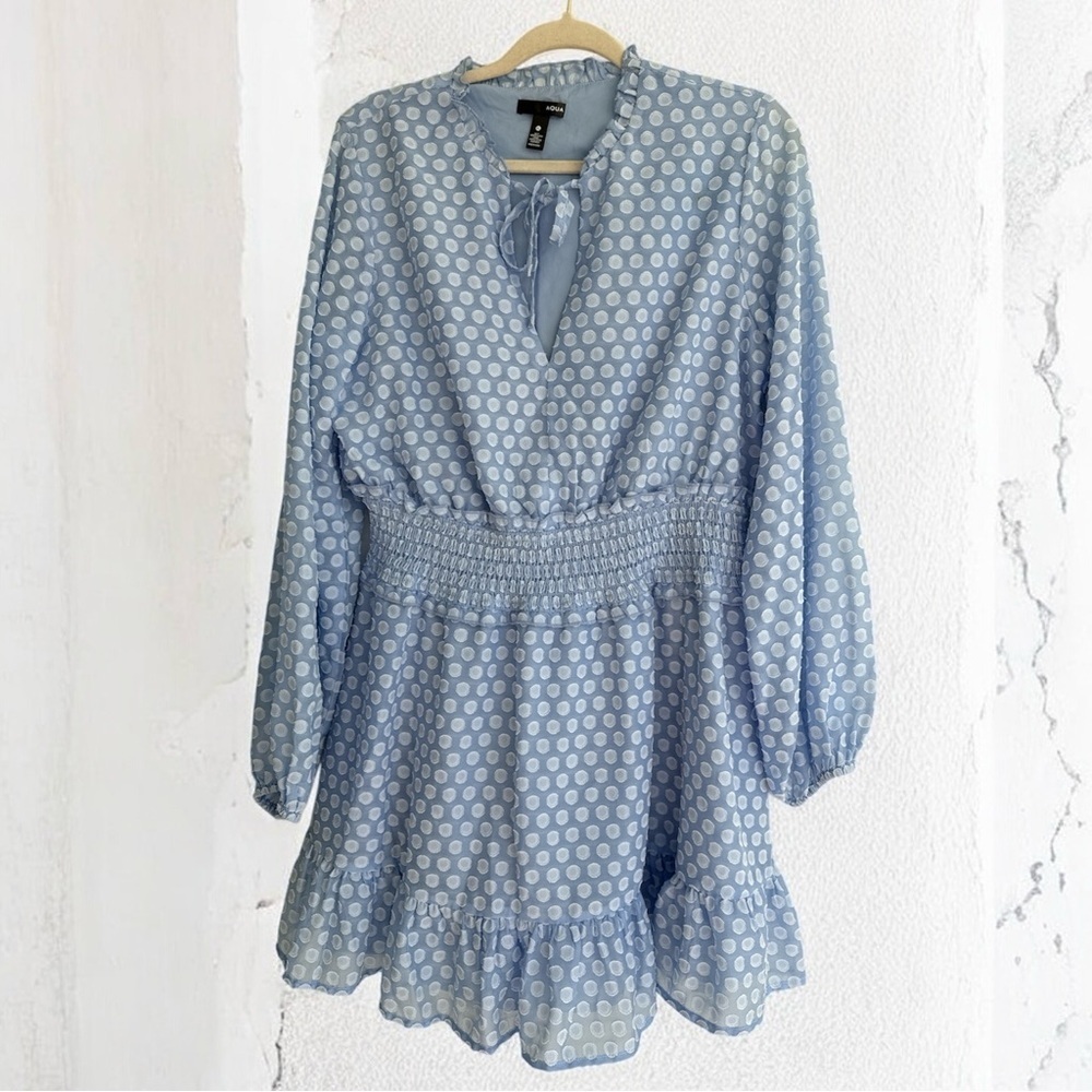 AQUA Tie Neck Mini Dress in a blue burnout dot print Size XL